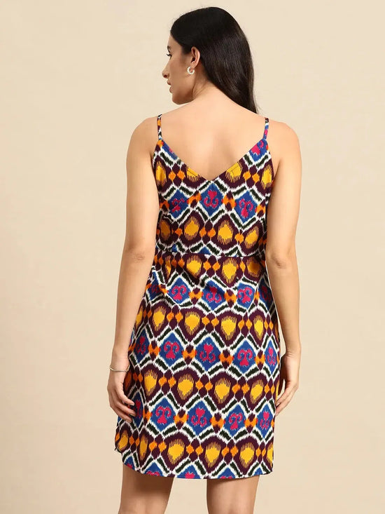 Overlap Mini Dress with side tie up in Multi color Ikkat Print