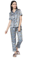 Smarty Pants Women's Silk Satin Dark Grey Goffy Print Night Suit