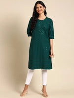 Women's Green Embroidered Straight Kurta-MRF-1059-Green