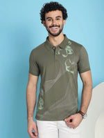 Venitian Men All Over Printed Olive Cotton Polo Neck T-Shirt