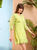 Women Lime Yellow Ditsy Floral Frill Hem Short Dress