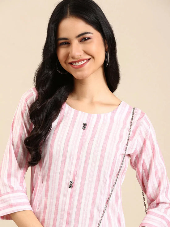 Women's Pink Striped Straight Kurta-SKC-3351-Pink