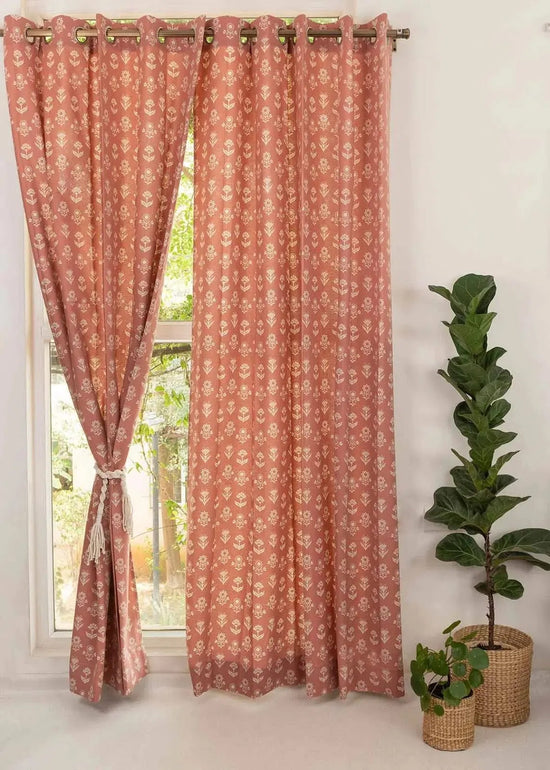 Dahlia 100% cotton floral curtain for living room - Room darkening - Rust - Pack of 1-230421015