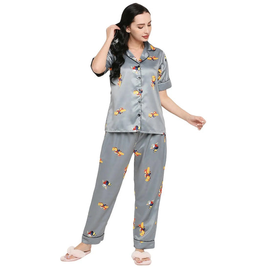 Smarty Pants Women's Silk Satin Grey Color Stuart Little Printed Night Suit