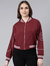 Women Solid Maroon Crop Drop Shoulder Bomber Jacket-8283-1-Maroon