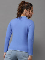 Women's Blue Solid Pullover Sweater-LH-S7081-Blue