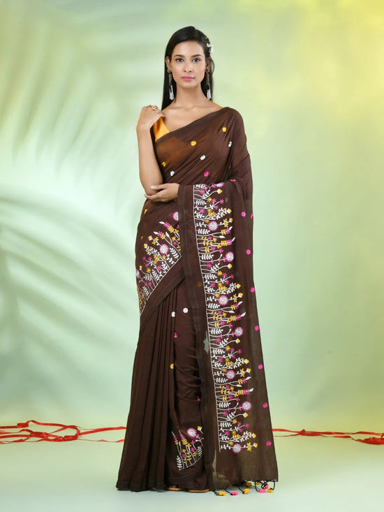 All Over Thread Floral Embroidery Brown Cotton Saree-MA62CT33610072