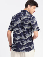 Men Spread Collar Floral Navy Blue Casual Shirt-HARVEN-2312-Navyblue