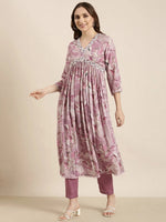 Women Anarkali Lavender Floral Kurta and Trousers Set Comes With Dupatta-BC-SK-1834-Lavender