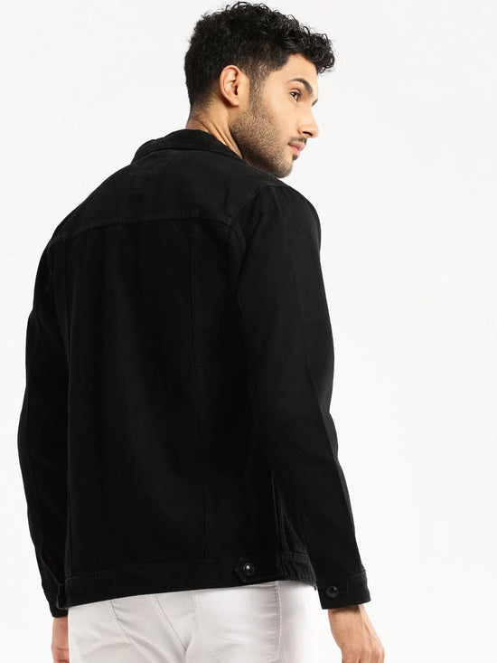 Men Black Spread Collar Solid Denim Jacket-IB-DJ-02-Black