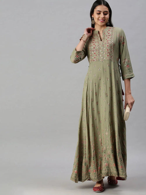 Women's Olive Printed Anarkali Kurta-BCCK858-Olive