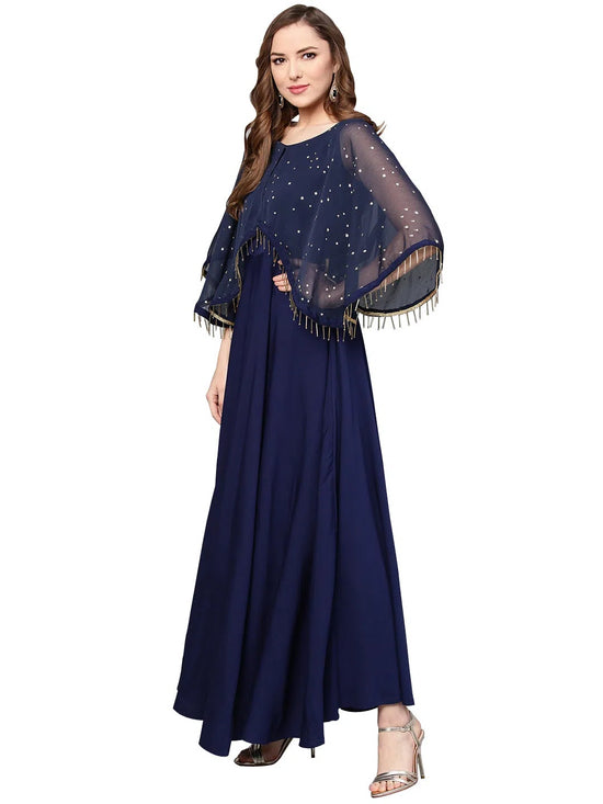 Ahalyaa Women'S Navy Blue Crepe Flared Dress