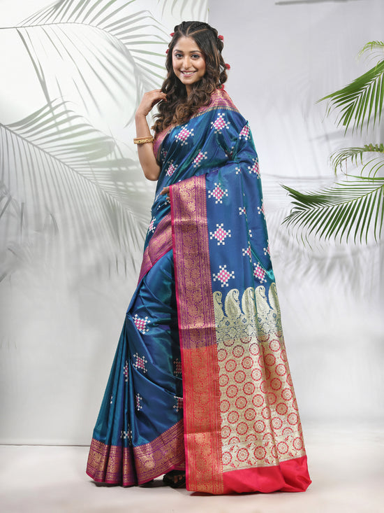 Teal Embroidered Motifs Silk Saree With Zari Borders-MA56BSL44940025