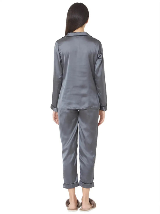 Smarty Pants Women's Silk Satin Dark Grey Night Suit