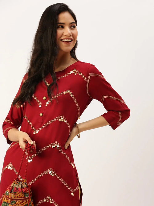 Women's Red Printed Straight Kurtas-GW-1778-Maroon