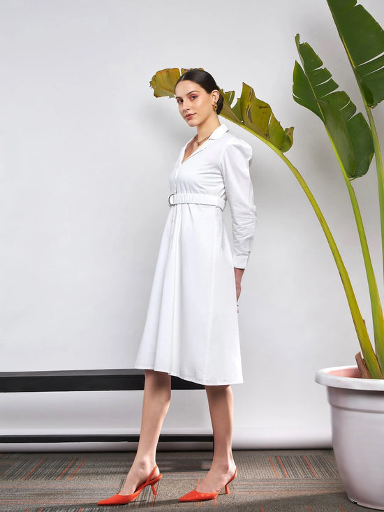 Women White Poplin Ruched Belted Shirt Dress