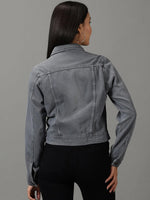 Women's Grey Solid Denim Jacket-IM-10440-Grey