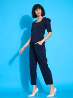 Women Navy Square Neck Puff Sleeve Top With Tapered Pants