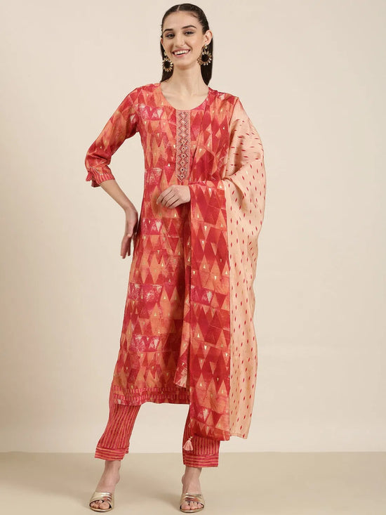 Women Red Geometrical Kurta Set-AT-A969-KPD-Red