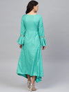 Bell sleeve printed long dress with front drape in Mint Blue