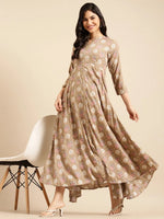 Women's Beige Printed Anarkali Kurta-ON-537-Beige