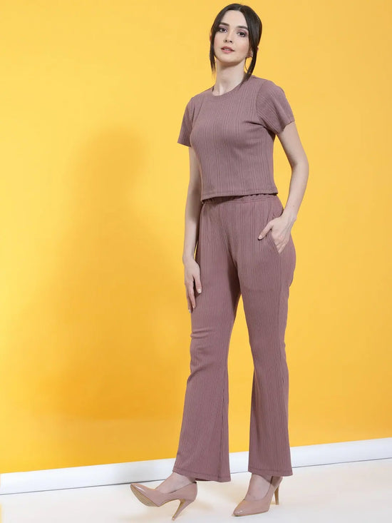 Rigo Self Textured Crop Top & Bell Bottoms With Pockets Co-Ord Set-WTRKST1020-L