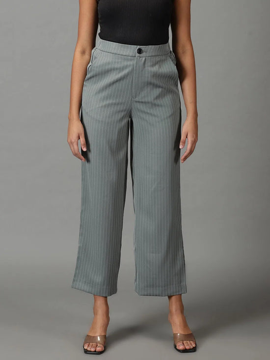 Women's Olive Striped Formal Trouser-IM-9895-Olive