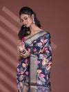 Black Foliage Print Silk Soft Saree With Zari Border-MA60BSL01460027