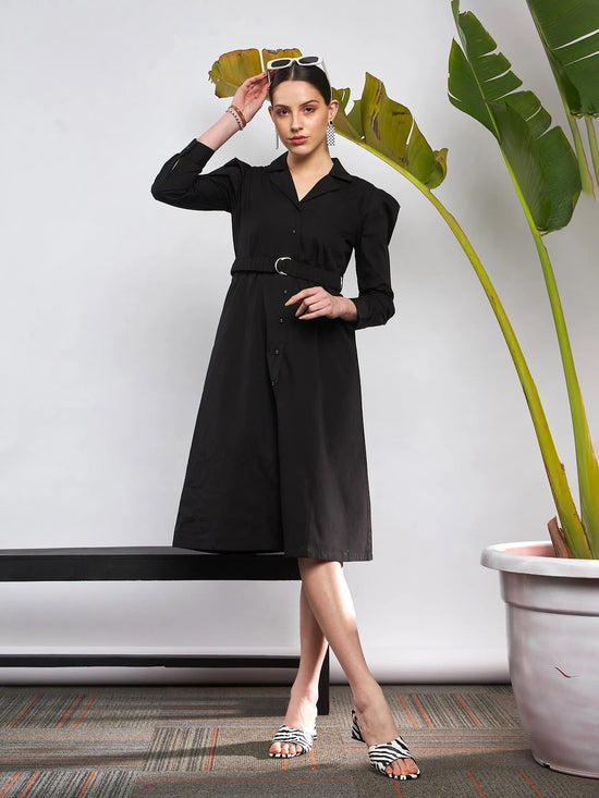 Women Black Poplin Ruched Belted Shirt Dress