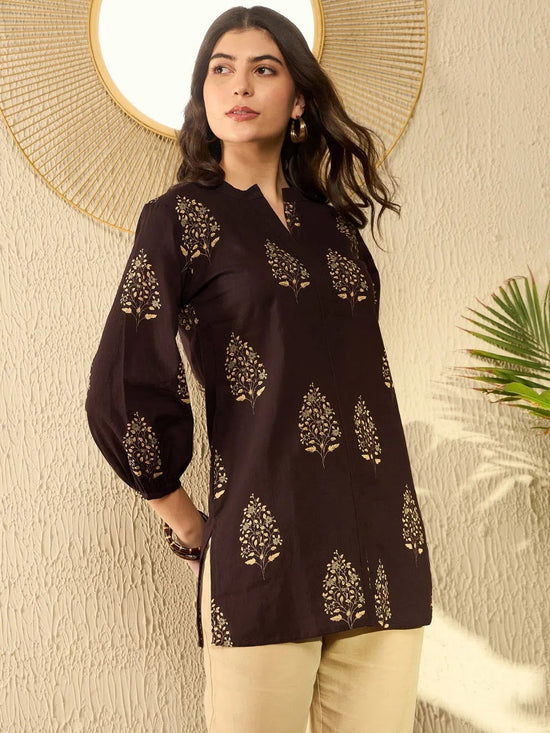 Ahika Women Brown Cotton Blend Ethnic Motifs Printed Regular Tunic-VT1279BRN