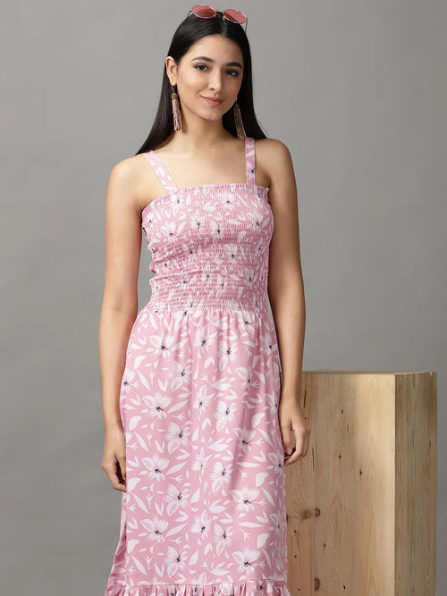 Women's Pink Floral Fit and Flare Dress-AE-15674-Pink