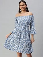 Women's A-Line Blue Dress-AE-9885-Blueoffwhite