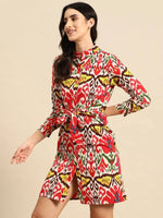 Front tie up shirt dress in Red and Cream Ikkat Print