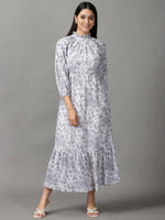 Women's White Floral Fit and Flare Dress-AE-15608-Whitegrey