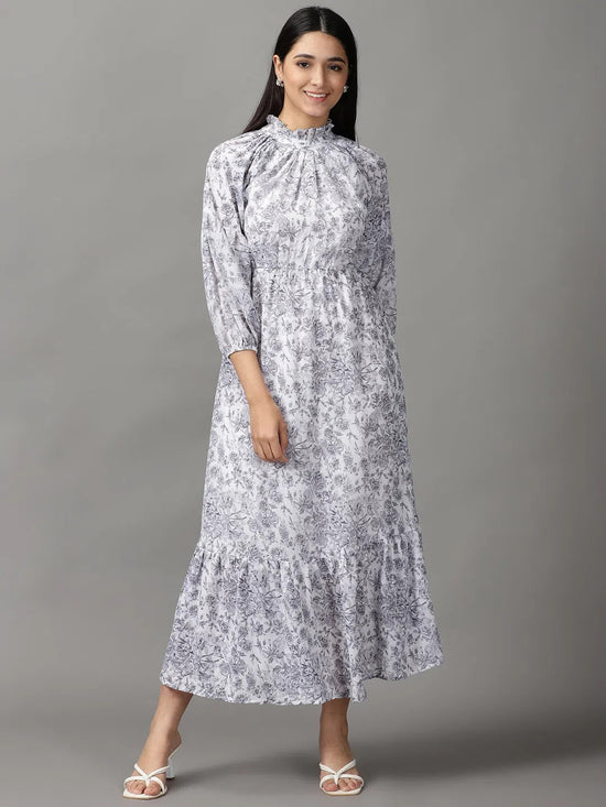 Women's White Floral Fit and Flare Dress-AE-15608-Whitegrey