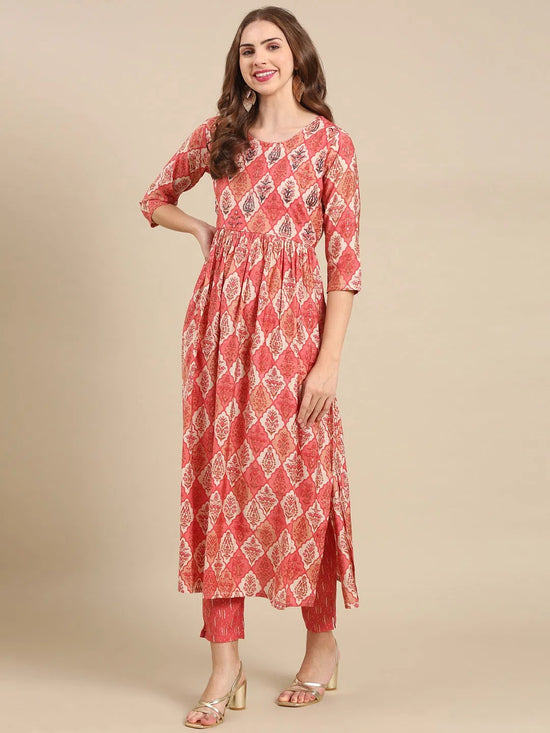 Women's Coral Printed Kurta Set-SKC-1022-Coral