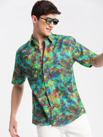 Men Spread Collar Abstract Green Casual Shirt-REVERIE-2113-Green