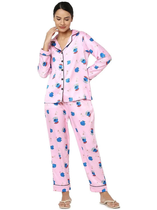 Smarty Pants Women's Silk Satin Baby Pink Color Oswald Print Full Sleeves Night Suit