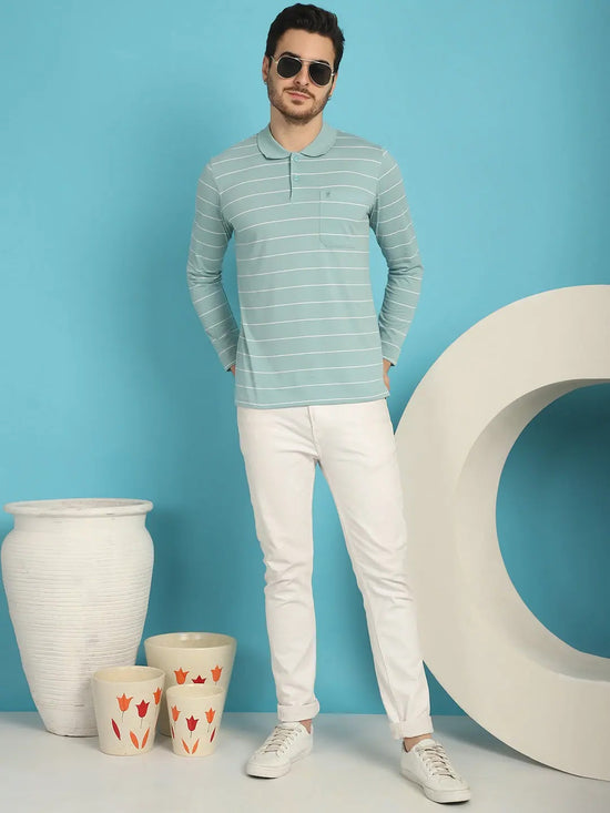 Venitian Men Striped Polo Neck Full Sleeves Sea Green T-Shirt Wih Pocket