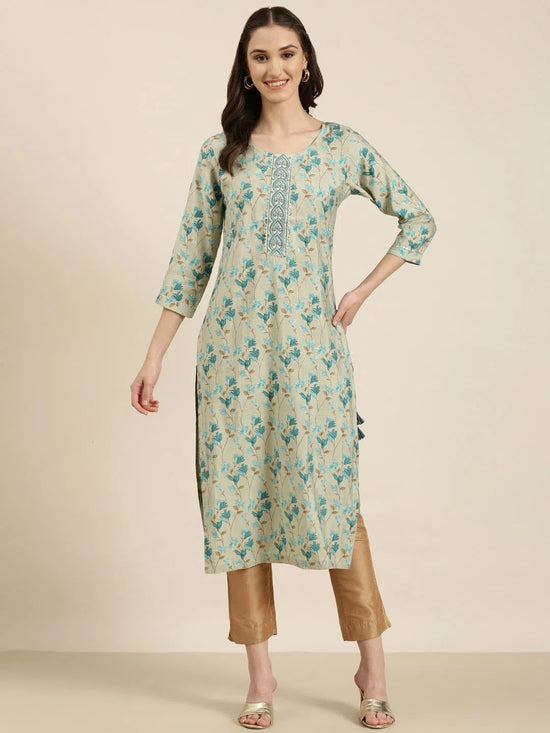 Women Sea Green Floral Straight Kurta-AT-A1076-K-Seagreen