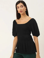 Black Smocking Peplum Top