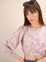 Women Lilac Floral Smocking Sleeve Crop Top