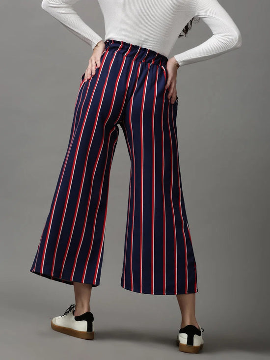 Women's Navy Blue Striped Parallel Trouser-AE-10413-Navyblue