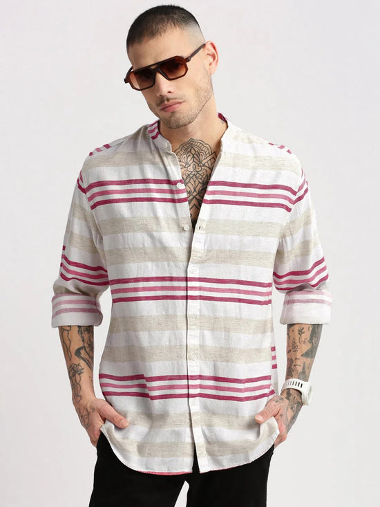 Men Mandarin Collar Horizontal Stripes Off White Casual Shirt-MIANO-2229-Offwhite