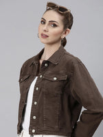 Women Coffee Brown Solid Denim Jacket-IM-10714-Coffeebrown