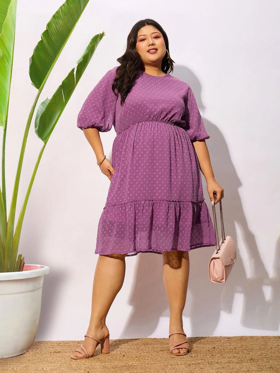 Women Purple Dobby Puff Sleeve Skater Dress