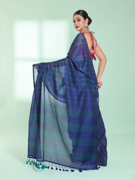 Blue Cotton Saree With Stripes Pattern-MA59CT06530046