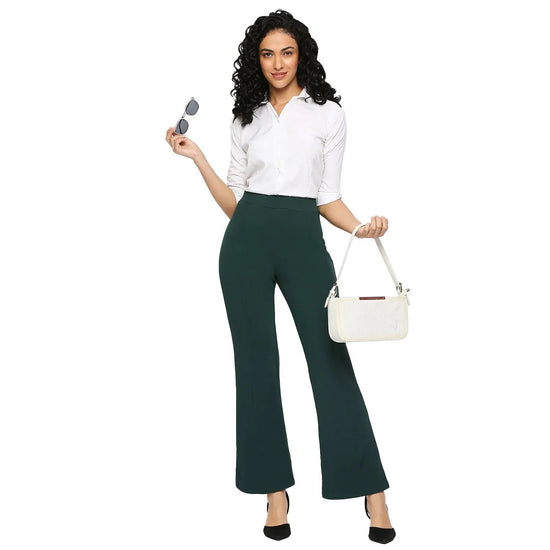 Smarty Pants Women's Ployester Lycra Bell Bottom Bottle Green Formal Trouser