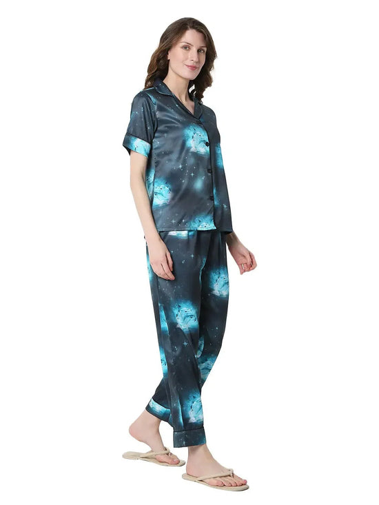 Smarty Pants Women's Silk Satin Blue Color Dolphin Print Night Suit