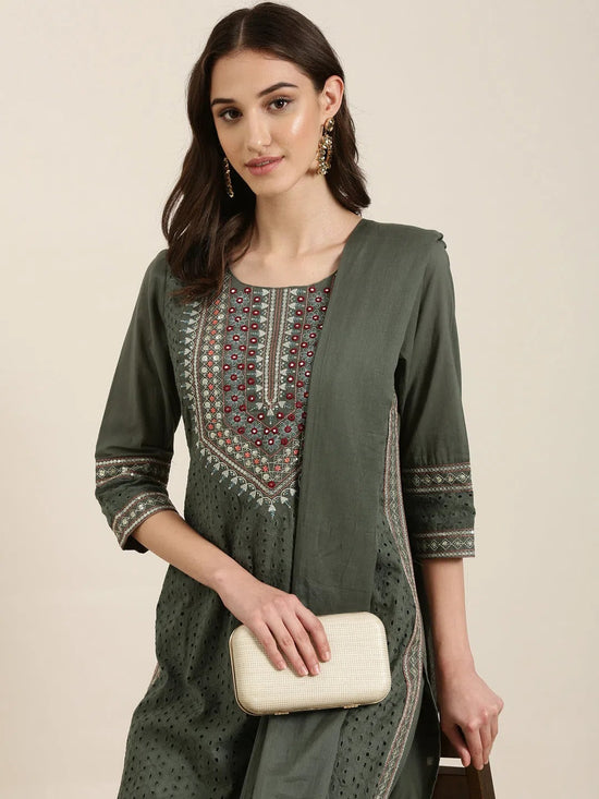 Women Olive Solid Kurta Set-RF-2039-Olive